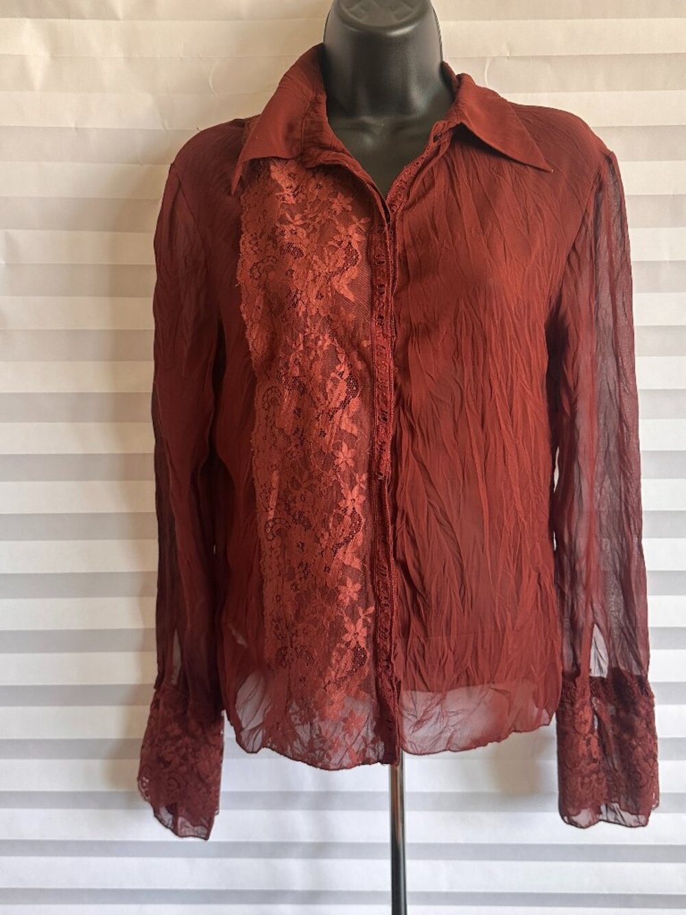 MNG Women's Size Large Brown Sheer Lace Trimmed Long Sleeve Blouse Top